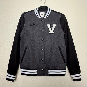 Vans Off The Wall Black & Gray 2 Toned Button Down Varsity Jacket Sz XS
